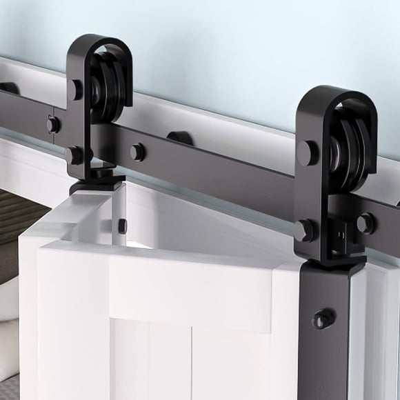 Heavy Duty Bi-Folding Sliding Barn Door Hardware Kit – Black Track System with Smooth & Quiet Rollers – Fits Double 28'' Bifold Closet or Laundry Doors – Hardware Only – 60'' 2 Doors