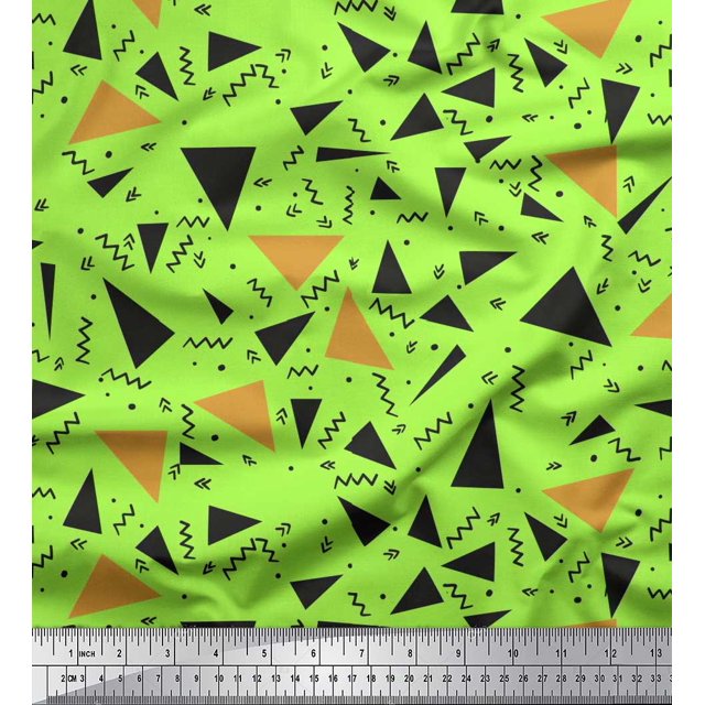Soimoi Green polyester Crepe Fabric Dot,Zig Zag & Triangle Geometric Print Fabric by Yard 42 Inch Wide