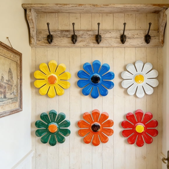 Fufafayo Sunflower Wall Decor Set Of 6, Colorful Metal Flower Wall Art, Boho Home Garden Decor, Iron Floral Wall Hangings for Patio Bathroom Living Room