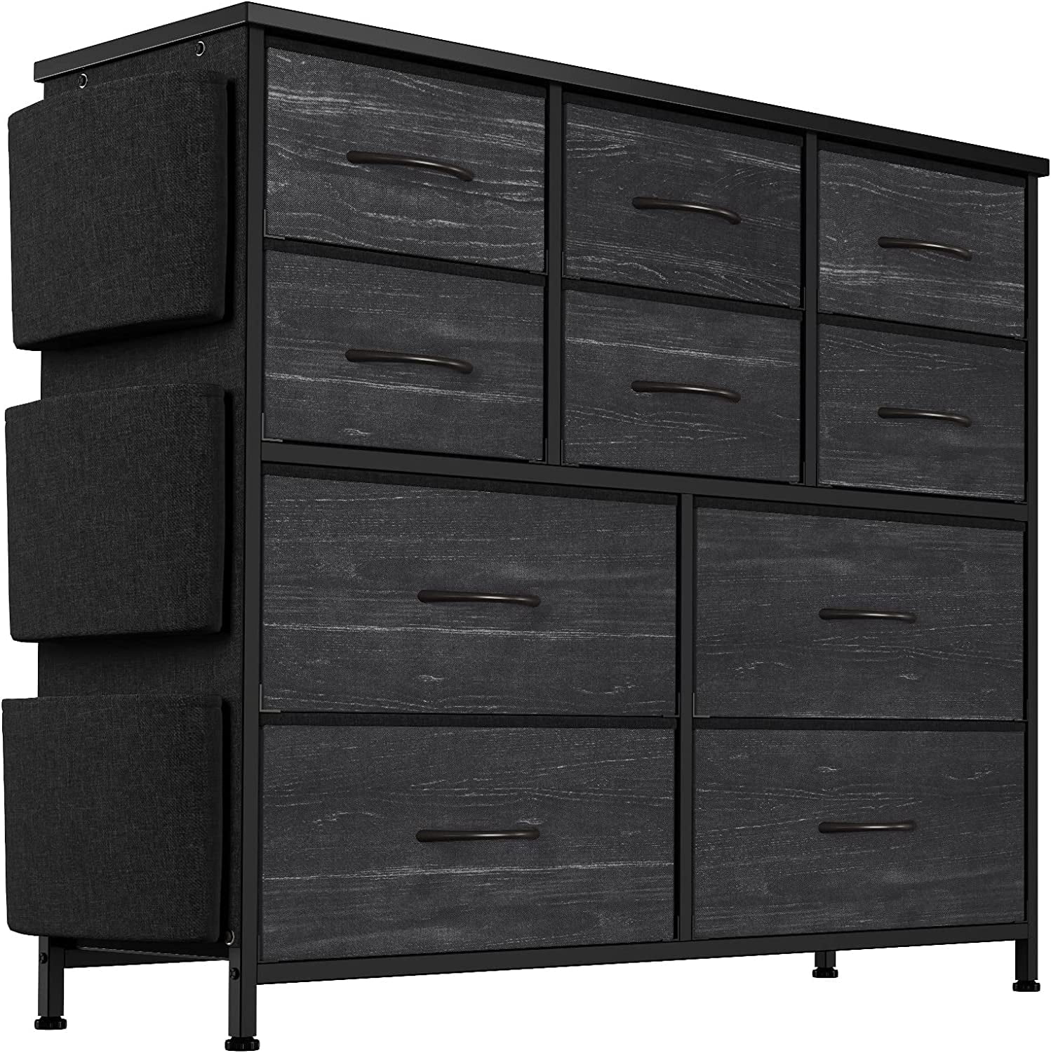 Dresser for Bedroom, 10 Drawers Fabric Storage Drawer, Dressers & Chest of Drawers with Side Pockets, Hooks, Wood Tabletop for Closet, Living Room, Hallway (Charcoal Black)
