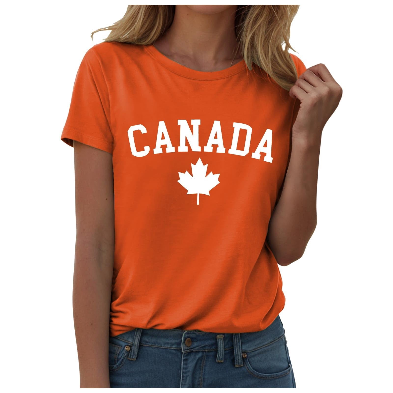 WEIYLL T Shirts for Women Canada Day Letter Maple Leaf Print Orange Tee Sizes S