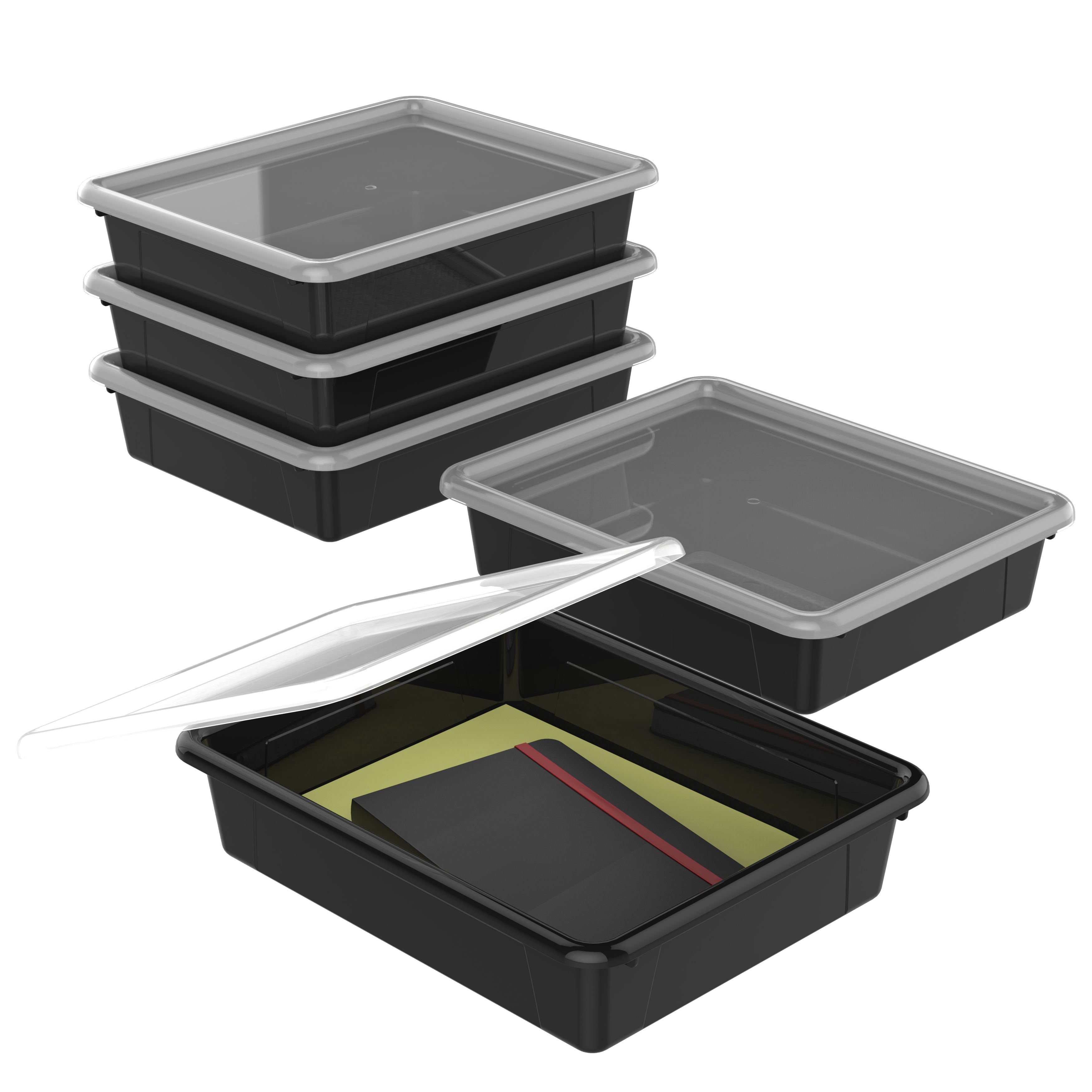Storex Plateau de Rangement Plat avec Couvercle, Format Lettre, 10 x 13 x 3 Pouces, Noir, Lot de 5
