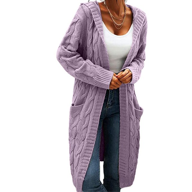 Women Hooded Open Front Cardigan Cable Knit Sweaters Solid Chunky Long Sweater Coats with Pockets