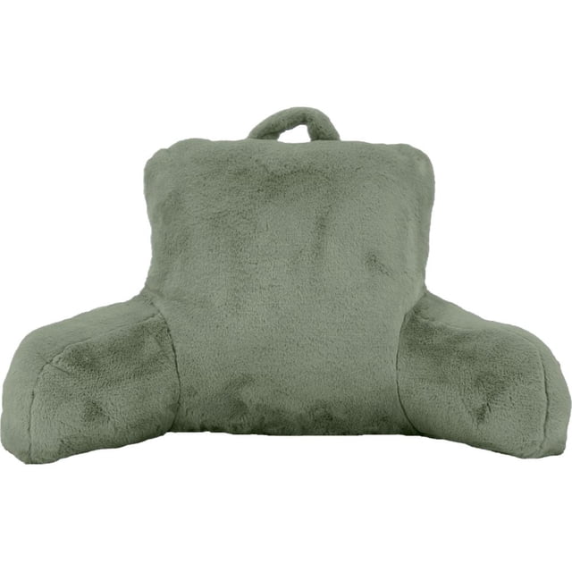 Hometrends Sage Fur Bed Rest pillow in sage green faux fur with firm polyester fill, supportive back and arm cushions, and a top handle, suitable for reading, working, or relaxing in bed or on the floor.