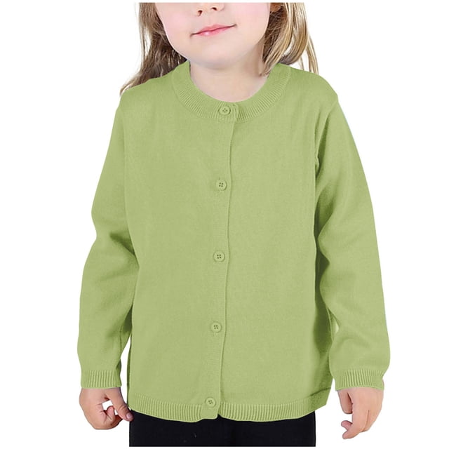 Fall Saving! HVOBTTY Girls Long Sleeve Open Front Cardigan, Girls Crewneck Cardigan Solid Long Sleeve Button Sweater Uniform Sweaters for Little Girls Green, 5 Years