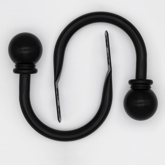 Mainstays Black Ball Curtain Rod Holdbacks (2 Count) featuring two black S-shaped steel holdbacks with round plastic ball finials, designed to keep curtains neatly pulled back with included mounting hardware for easy installation.