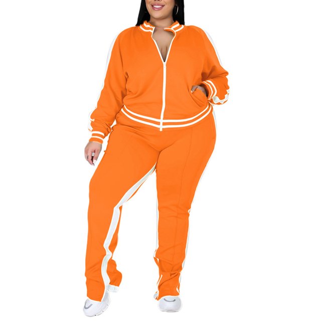 MAWCLOS Women Plus Size Slim Leg Sweatsuits Running Long Sleeve Jacket+Sweatpants Orange L