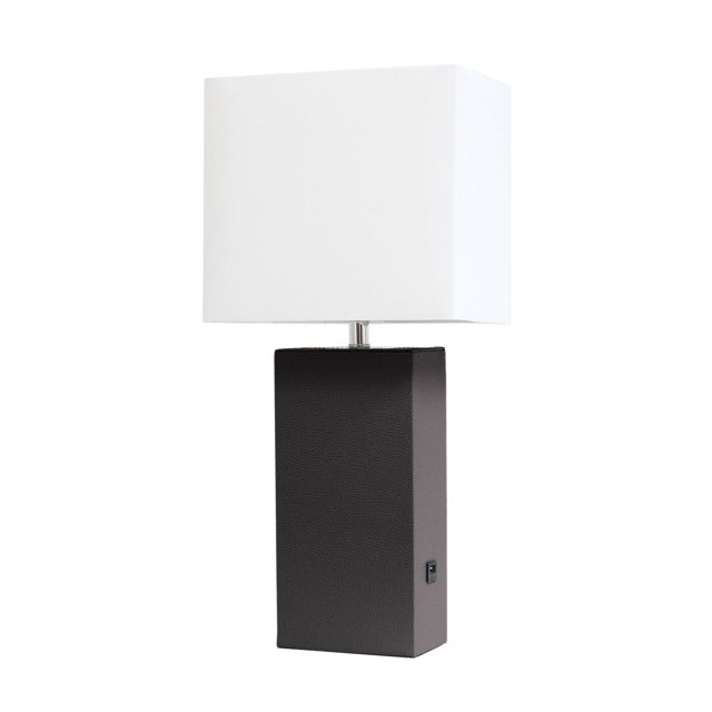 Elegant Designs Modern Leather Table Lamp with USB and White Fabric Shade featuring a brown leather-wrapped rectangular base with a USB port on the side and a white rectangular fabric shade, standing 21 inches tall, ideal for living rooms, bedrooms, or offices.