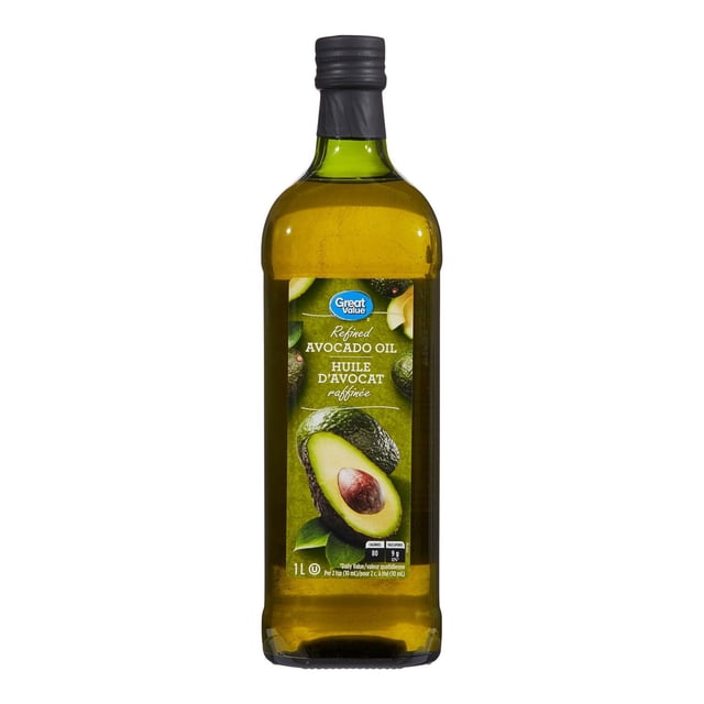 Great Value Refined Avocado Oil in a 1-liter green plastic bottle with black screw cap, featuring a label with avocado images and bilingual text. This neutral-flavored cooking oil from Spain has a high smoke point, ideal for pan frying, stovetop browning, salad dressings, and drizzling.