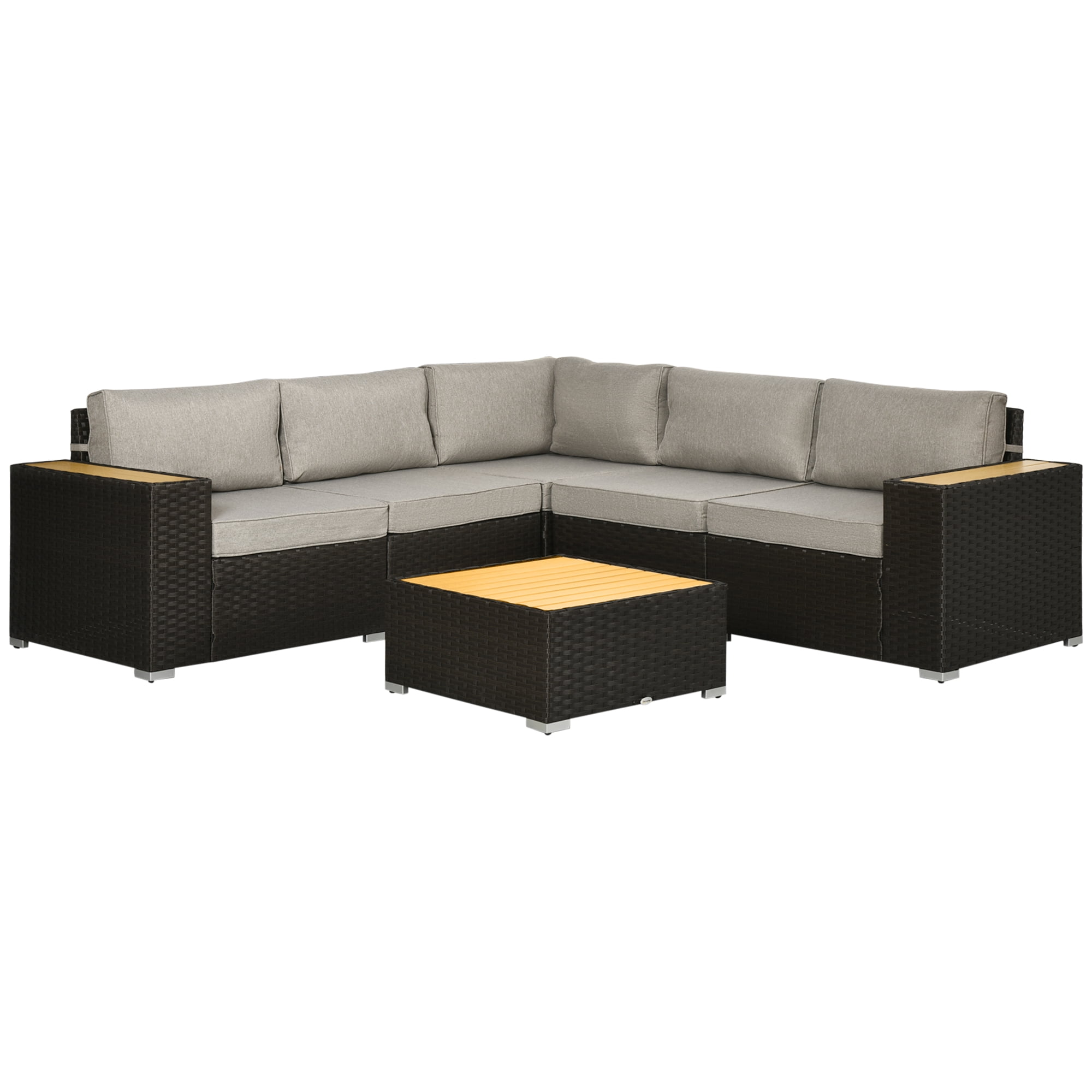 CoSoTower 6 Pieces Outdoor Rattan Patio Furniture Set with Corner Sofa, Wood-Plastic Coffee Table, Light Grey