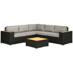 CoSoTower 6 Pieces Outdoor Rattan Patio Furniture Set with Corner Sofa, Wood-Plastic Coffee Table, Light Grey