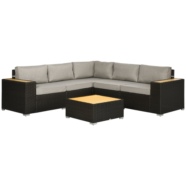 Outsunny Ensemble de Mobilier de Patio en Rotin 6 Pcs avec Sofa d'Angle et Table en Gris. l'Ensemble Comprend un Sofa Sectionnel avec Rotin PE Brun Tissé à la Main, des Coussins Gris Pâle et un Plateau en Bois-Plastique. Comprend un Cadre en Acier Enduit de Poudre pour la Stabilité, des Housses de Coussin Amovibles et Lavables, et des Patins de Pieds Ajustables pour l'Équilibre. les Dimensions Incluent un Sofa d'Angle de 28,7 Pouces de Large, une Table Basse de 25,6 Pouces de Carré et des Coussins de Siège de 3,9 Pouces d'Épaisseur. Convient