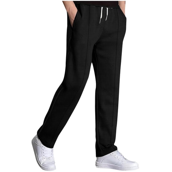 LNWUY Men Elastic Waist Waffle Trousers Comfort Straight Fit Flat Front Dress Pant Classic Fit Flat Front Dress Pants Black XXXL