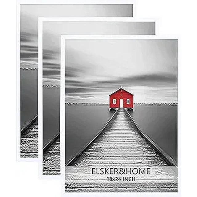 ELSKER&HOME 18x24 Poster Frame 3 Pack in white, featuring a modern and aesthetic design. Each frame is lightweight with durable MDF backboards and can be mounted horizontally or vertically on walls. The set of three frames is ideal for displaying posters, photos, or prints in spaces like homes, offices, or galleries. The frames are shown with a sample image of a red house on a dock, emphasizing their sleek and versatile style.