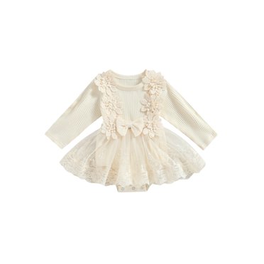 Honganda Bébé Filles Robe Romper, Manches Longues Fleur Noeud Tulle Patchwork Vêtements de Combinaison