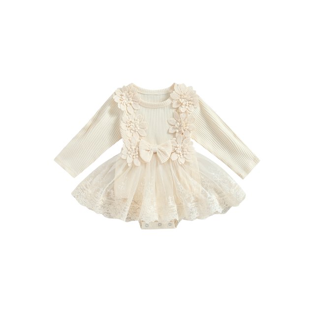 Honganda Bébé Filles Robe Romper, Manches Longues Fleur Noeud Tulle Patchwork Vêtements de Combinaison