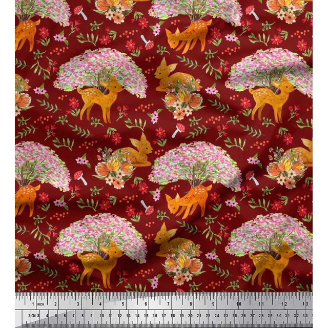 Soimoi Modal Satin Fabric Tree,Floral & Deer Animal Print Fabric by Yard 42 Inch Wide
