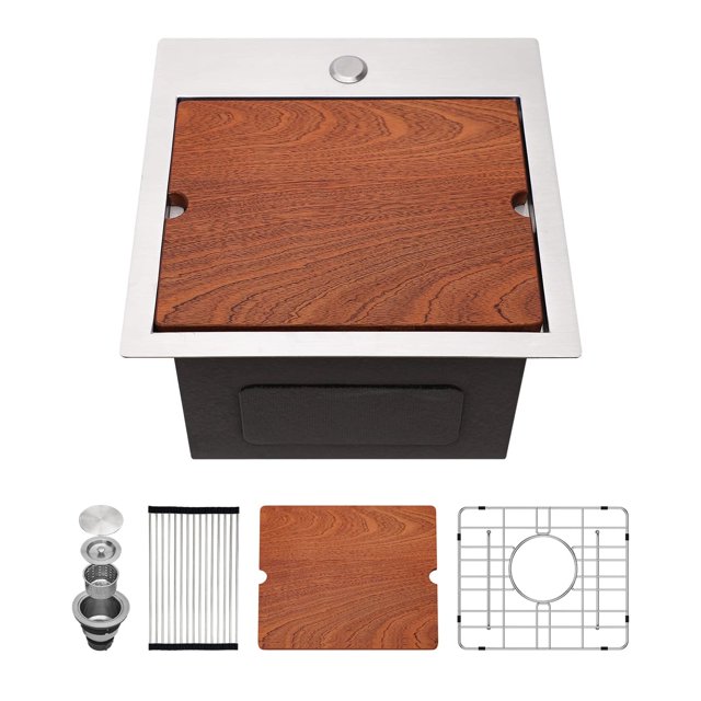 Kichae Drop In Kitchen Sink Bar Sink- 15x15 Small Overmount Topmount Stainless Steel Single Bowl Ledge Workstation Bar Prep Handmade Basin