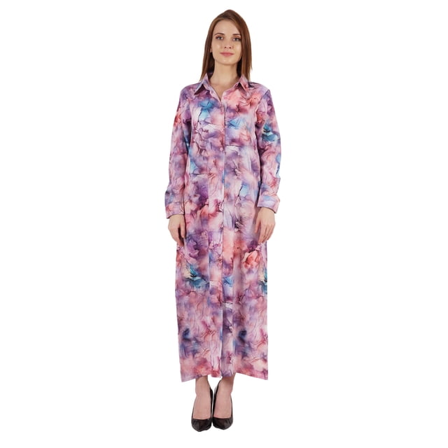 Bimba Robe Chemise Maxi Imprimée à Manches Longues pour Femmes, Coupe Ample Décontractée, Boutonnée