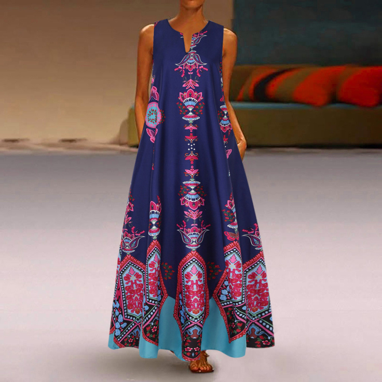 SMihono Robe Bohème d'Été pour Femmes Grande Taille Femmes Vintage Quotidienne Décontractée Sans Manches à Rayures Imprimée à Col en V Robe Maxi d'Été