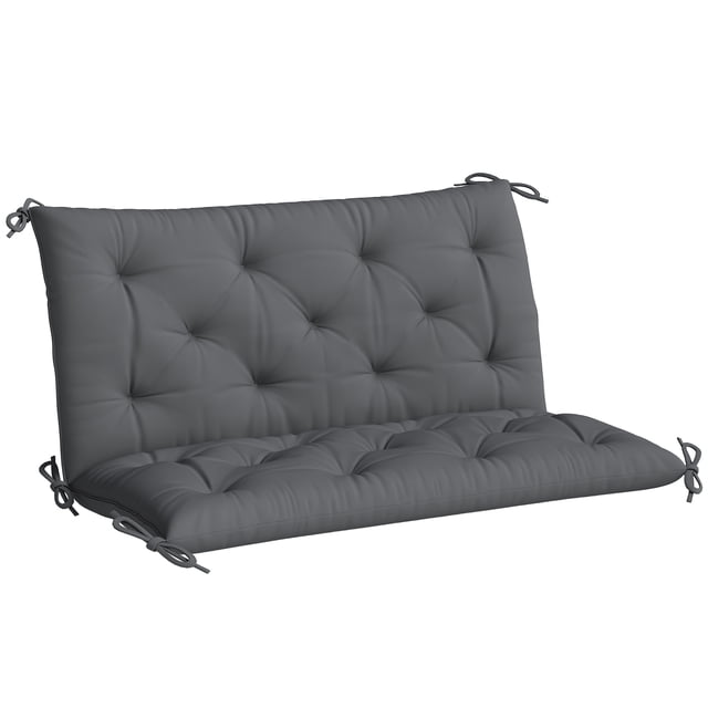 Outsunny Garden Bench Cushion with Backrest, Non-Slip 2 Seater Soft Pad in dark grey. Designed as a patio furniture cushion replacement, it features overstuffed polyester and cotton filling for comfort and durability. Includes tie ropes for secure attachment to outdoor furniture. Dimensions: 38.6" L x 39.4" W x 3.1" D. Suitable for enhancing comfort on metal or wooden benches.