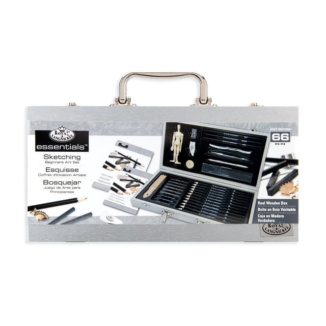 Royal & Langnickel Essentials Sketching Beginners Art Set, 66pc, in a silver wooden carrying case with metal handle, featuring a label showing the open set with graphite pencils, charcoal sticks, sketching tools, wooden manikin, blending stump, eraser, sharpener, ruler, and instructional guide, suitable for beginner artists and art supplies enthusiasts.