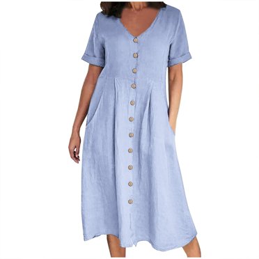 Meichang Womens Plus Size Cotton Linen Dresses Breathable Solid Color Button Down Maxi Dress Lounge Short Sleeves V Neck Sundress Tunic Pleated Beach Dress with Pockets, S-5XL