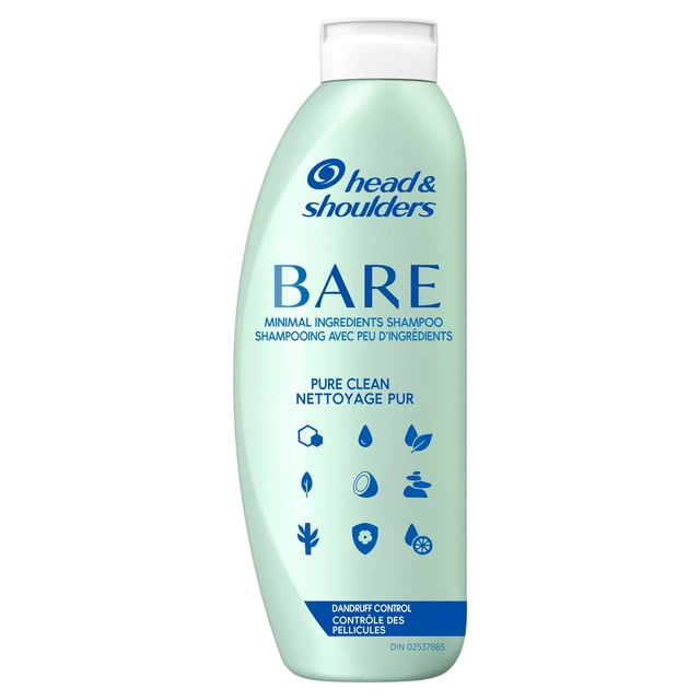 Head & Shoulders BARE Pure Clean Dandruff Shampoo in a light green curved bottle with white flip cap, featuring blue text and icons highlighting minimal ingredients, sulfate-free formula, and clinically proven dandruff control for oily hair and scalp.