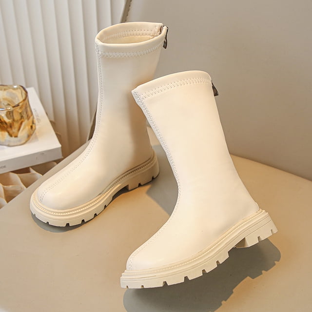 Mevxay Girls Ankle Riding Boot Side Zipper Buckle Leather Low Heel Goth Punk Winter Combat Boots Short Shoes Little/Big Kid Beige 35