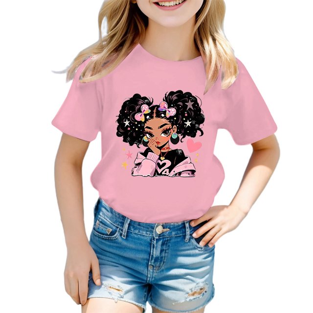 LUOGENLI T-Shirt pour Filles T-Shirt d'Été pour Filles à Col Rond Imprimé Dessin Animé Décontracté Ample à Manches Courtes T-Shirt Maxi Hauts Grande Taille2-4 Ans