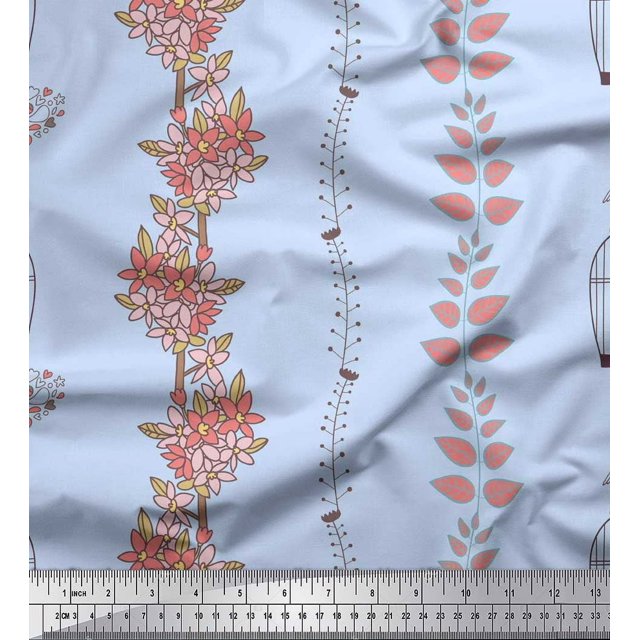 Soimoi Rayon Fabric Bird,Cage & Floral Artistic Print Sewing Fabric Yard 42 Inch Wide