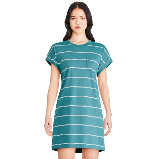 George Robe à Poches pour Femme en Sarcelle avec Rayures Horizontales Blanches, Faite de Doux Tricot jersey en Coton, avec Encolure Ras du Cou, Manches dolman Courtes, Poche Poitrine Plaquée et Ourlet Droit Décontracté, Convient aux Sorties Décontractées et aux Pique-Niques en Famille.