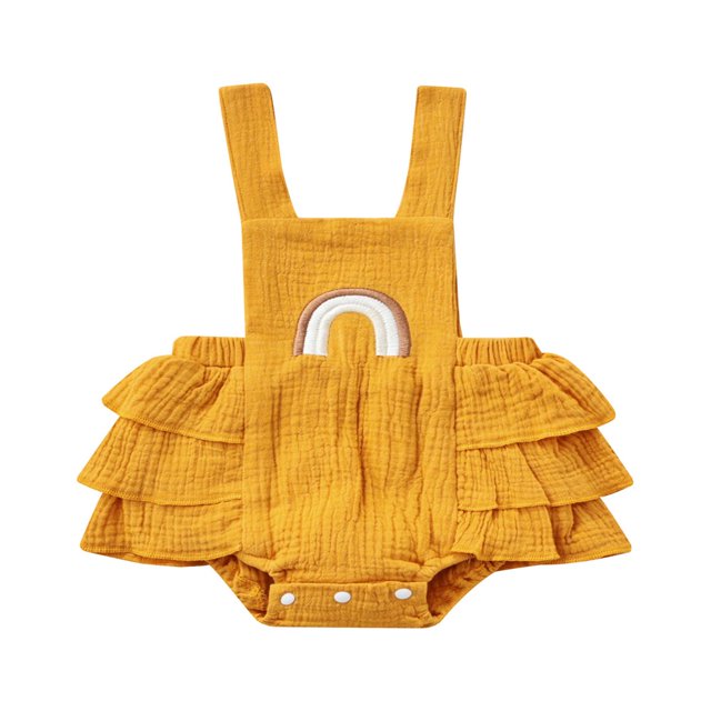 MesaSe Baby Summer Ruffle Romper Sleeveless Elastic Waist Rainbow Embroidery Strap Bodysuit