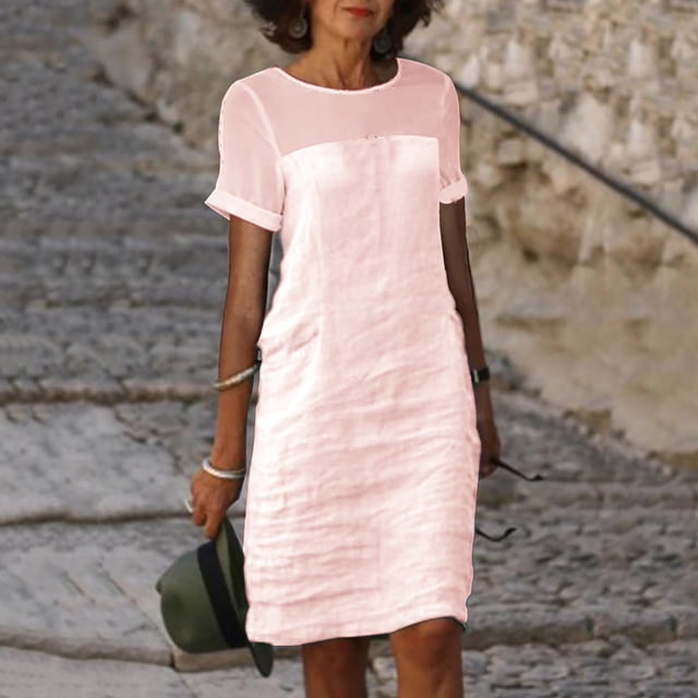 Ovzne Robes d'Été pour Femmes 2025 Robe Femme Robe Décontractée pour Femme Col Rond Sans Manches avec Poche Couleur Robe Multicolore Jupe Longue Robe de Printemps Manches Courtes Liquidation