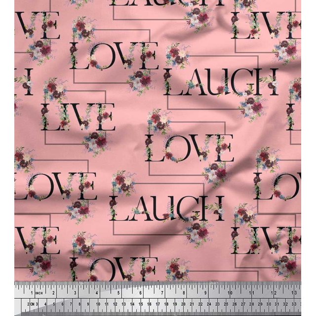 Soimoi Poly Georgette Fabric Floral Love Text Print Fabric by Yard 42 Inch Wide