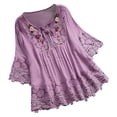 thumbnail image 2 of Soki 3/4 Length Sleeve Womens Boho Tops Cotton Linen Embroidered Shirts Plus Size Flowy Lace Tunic Peasant Blouses, 2 of 5