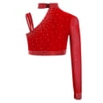 thumbnail image 4 of Manyakai Kids Girls Shiny Rhinestone Jazz Latin Modern Lyrical Dance Crop Tops Irregular Shoulder Red 6, 4 of 7