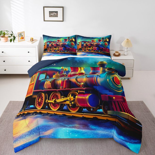 Erosebridal Steam Engine Train Bedding Sets Toddler with Comforter, Transportation Theme Duvet Insert, Reversible 2pcs