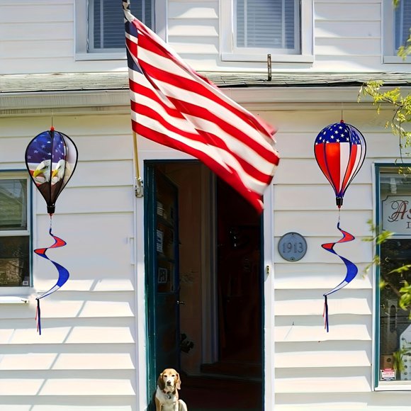CQCYD 2Pcs Patriotic Wind Blimp, Independence Day Outdoor Hanging Decor, Flag Pattern Weather-Enduring Garden Ornament, Patriotic Wind Blimp for Courtyard Backyard and Holiday Celebration
