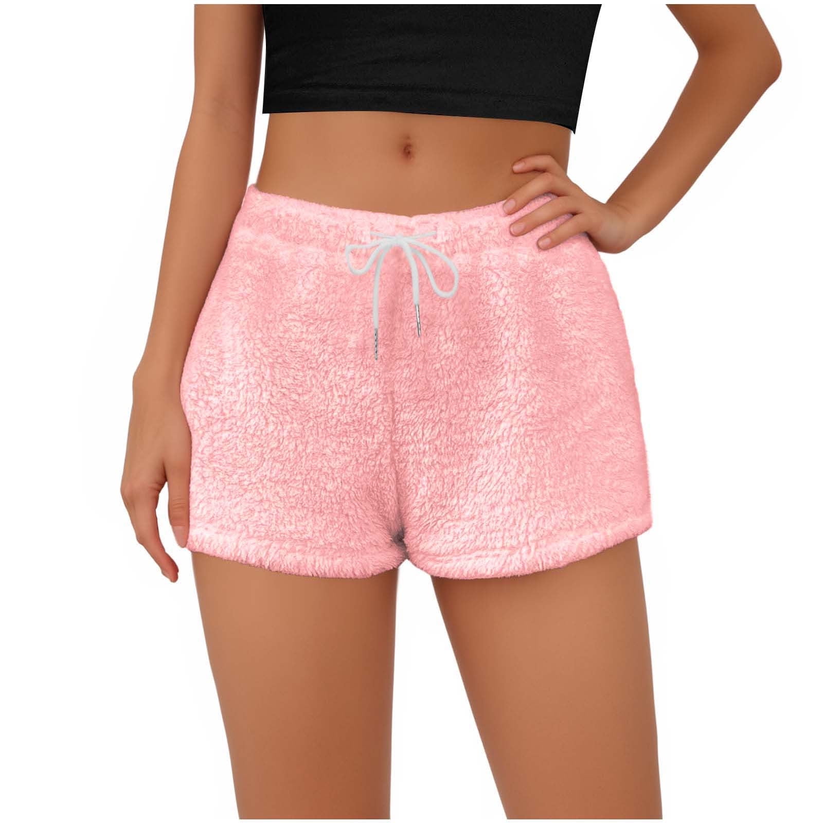 Lenpel Women's Fuzzy Pajama Shorts High Waisted Drawstring Soft