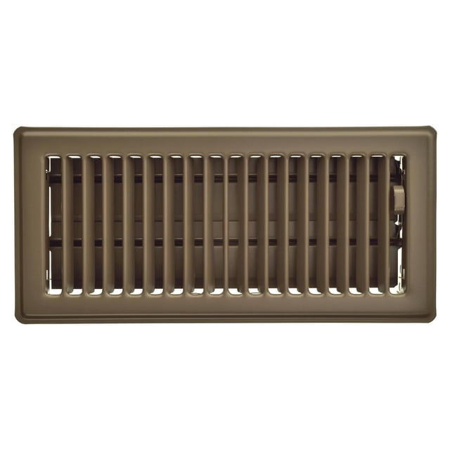 Imperial 4" x 10" chocolate steel floor register with louvered design, all-steel construction, and rust-resistant powder-coat finish. Features an easy-to-operate damper control with rolled fin for strength and safety, providing widespread air diffusion for home ventilation and ductwork.