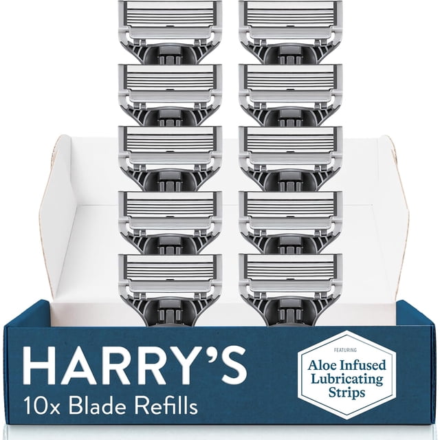 Harry's Original Blades - Men's Razor Refill Pack for Smooth Shaving, featuring 10 razor head replacements with five sharp German-engineered blades per cartridge. The refills include a flexible hinge for contour adjustment, a moisture strip for reduced friction, and a precision trimmer for detailed grooming. Displayed in an open box with 'Harry's 10x Blade Refills' branding and a note highlighting aloe-infused lubricating strips.