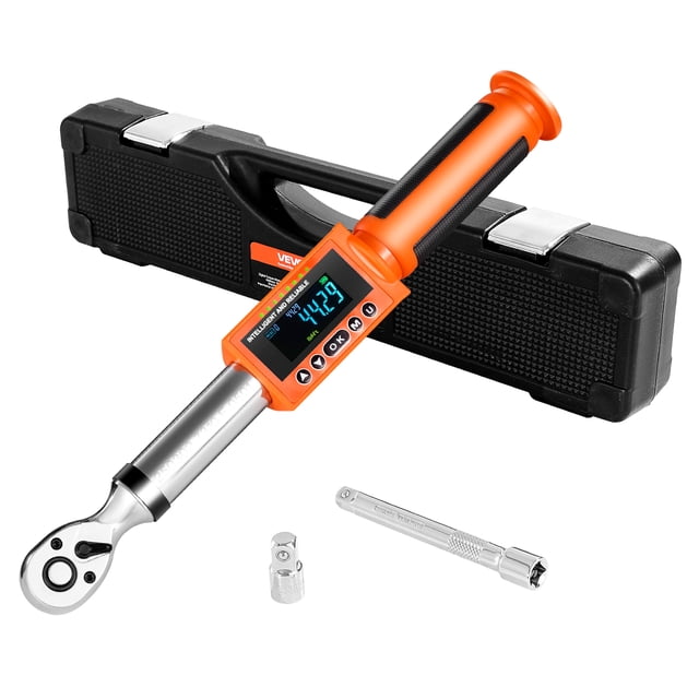 VEVOR Digital Torque Wrench with 3/8 inch drive, offering a torque range of 0-99.57 lbf-ft (0-135 N.m) and ±2% accuracy for precision fastening. Features a 72-tooth ratchet, LED display for clear readings, and durable alloy steel construction. Includes a black protective case, adapter, and extension bar, ideal for automotive and professional hand tool applications.