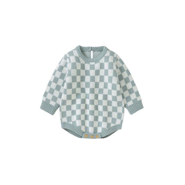 Faithtur Bébé Filles Garçons Barboteuse Damier Plaid Col Rond Manches Longues Tricot Pull Combinaisons Automne Hiver Bodysuits