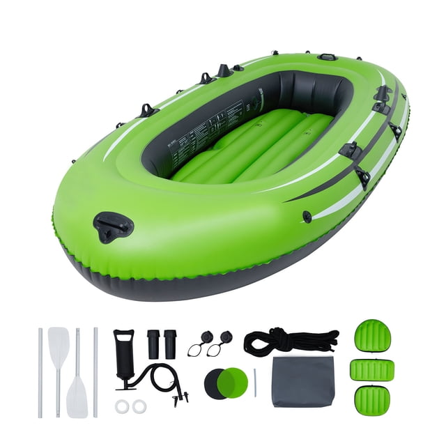 KFFKFF Blow-Up Boat, Inflatable Vessel for 5 People, Durable PVC Compact Raft Kayak, 45.6" Aluminum Paddles, Efficient Inflation Pump, Rod Storage, and Dual Seats, 1100 lb Load Limit for Adults