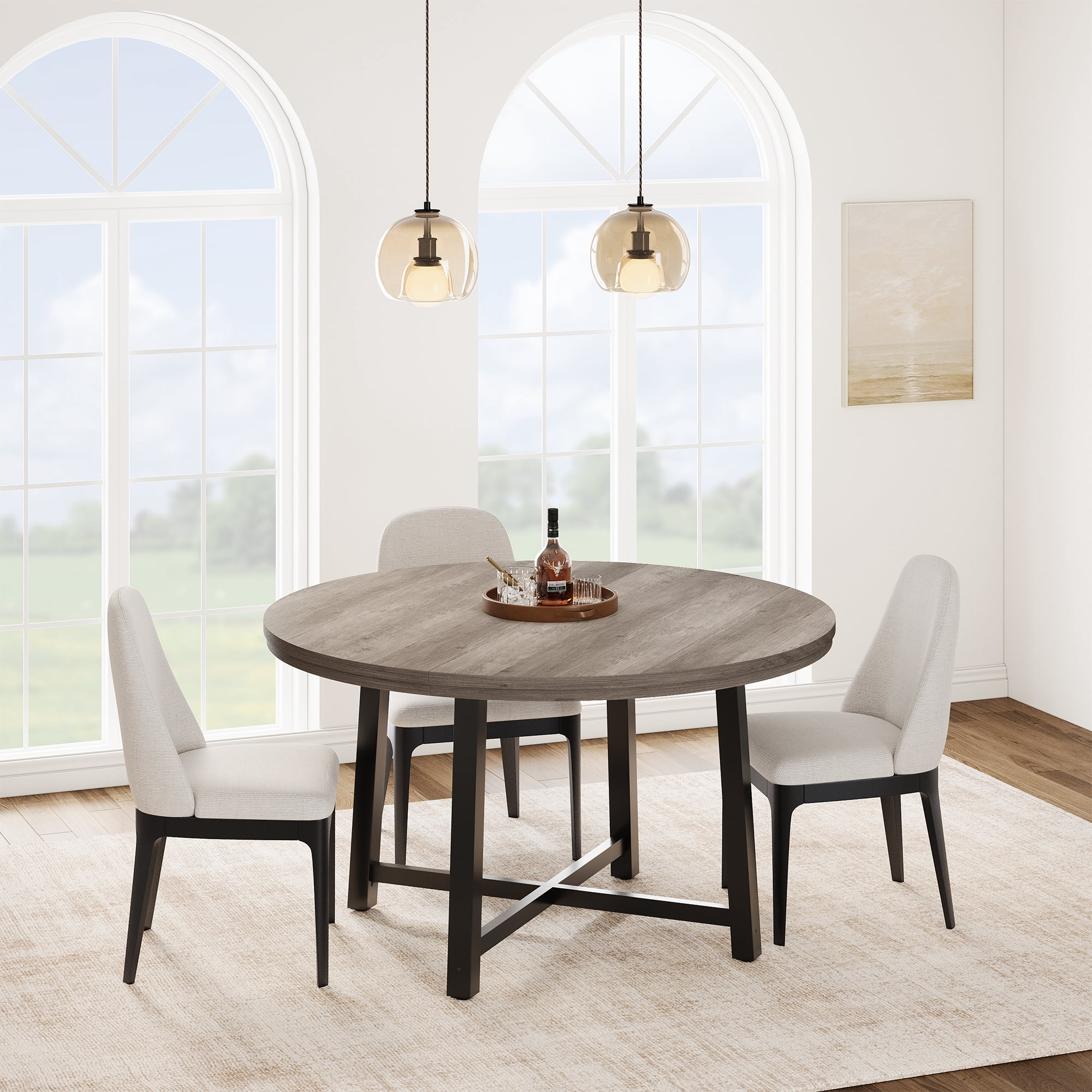 47" Round Dining Table for 4-6 People, Modern Grey Kitchen Table with Metal Legs, Space Saving Circle Dining Room Table (No Chairs)