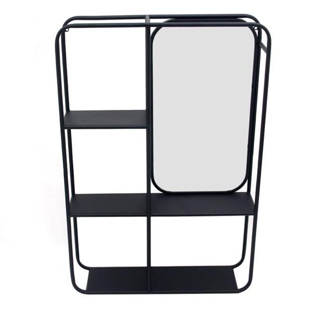 Benzara BM205170 Transitional Vertical Metal Wall Shelf with Mirror, Black & Silver