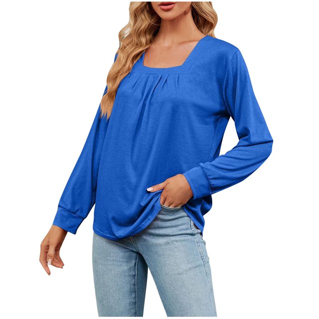 AherBiu Womens Tops Casual Long Sleeve Square Neck Fall Blouses Loose Comfy Solid Color Shirts
