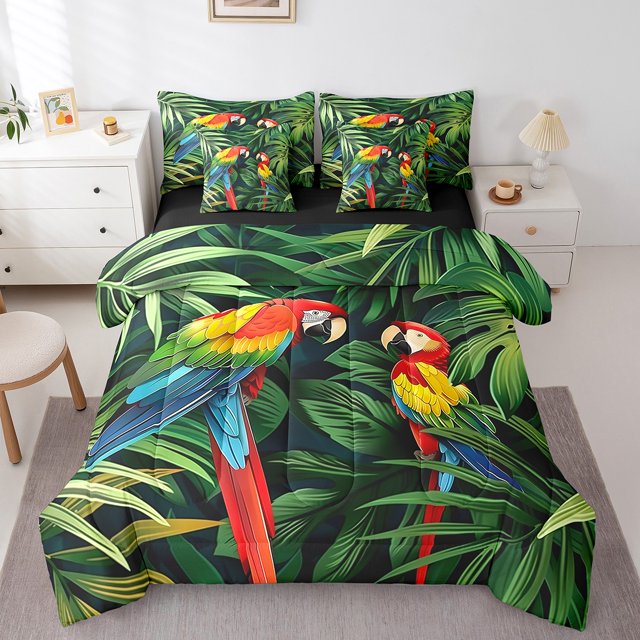 YST 3D Parrot Bedding Comforter Set Tropical Palm Tree Theme 7pcs, Full