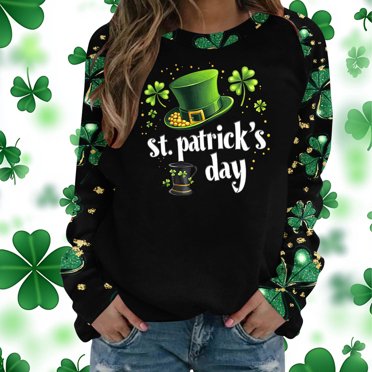 Ailaofu Chandail de la Saint-Patrick pour Femmes Col Rond Manches Longues Trèfle T-Shirts Doux Confortables Décontractés Hauts
